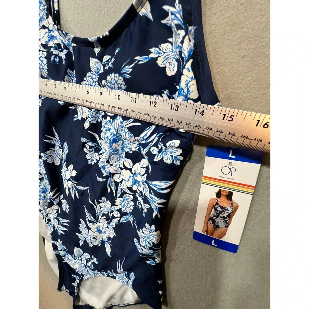 NWT OP One-piece Swimsuit Blue White Floral Size L - Picture 3 of 6